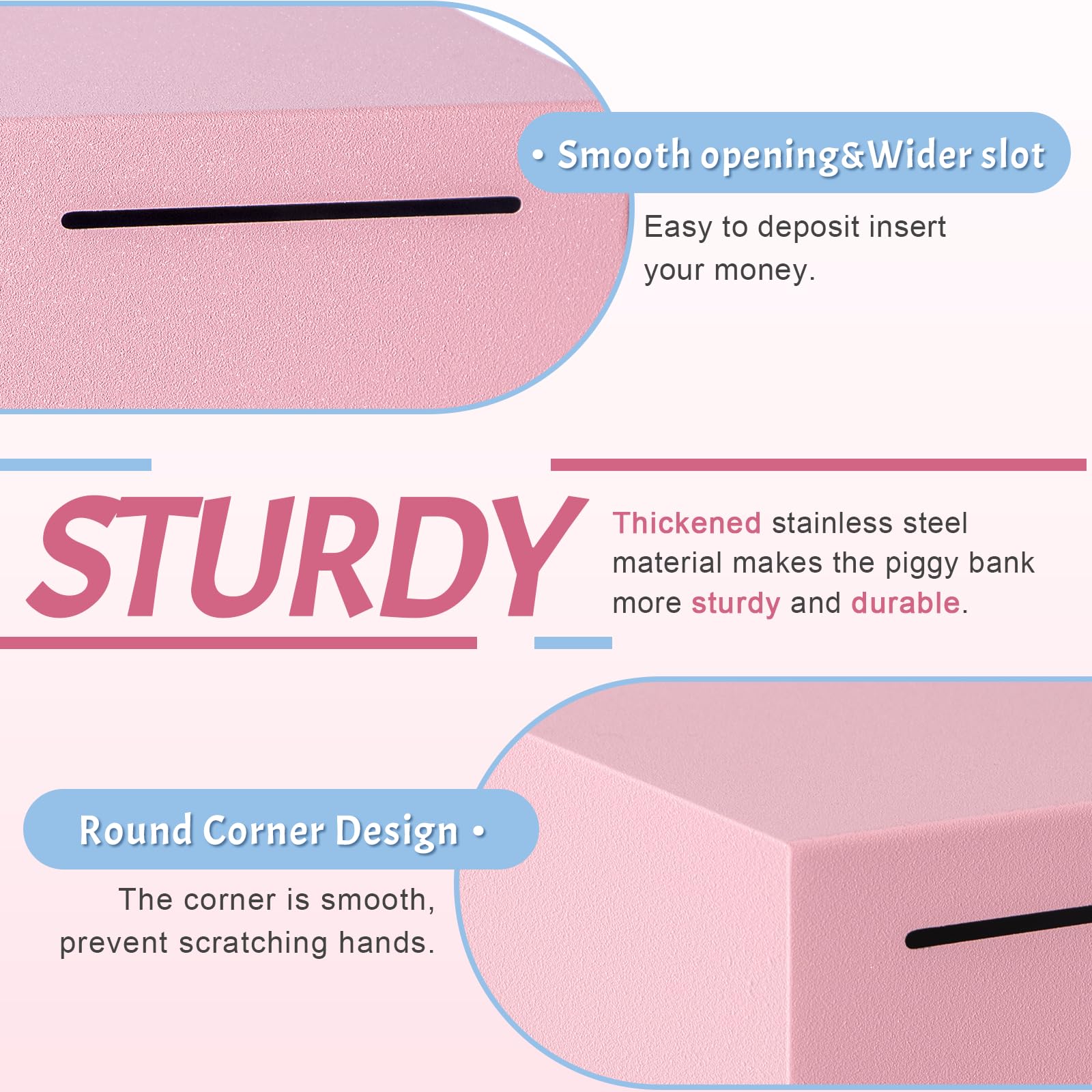Kozsort piggybank pink close-up steel texture emphasizes long-lasting quality and anti-tamper design.