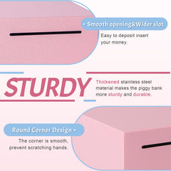 Kozsort piggybank pink close-up steel texture emphasizes long-lasting quality and anti-tamper design.