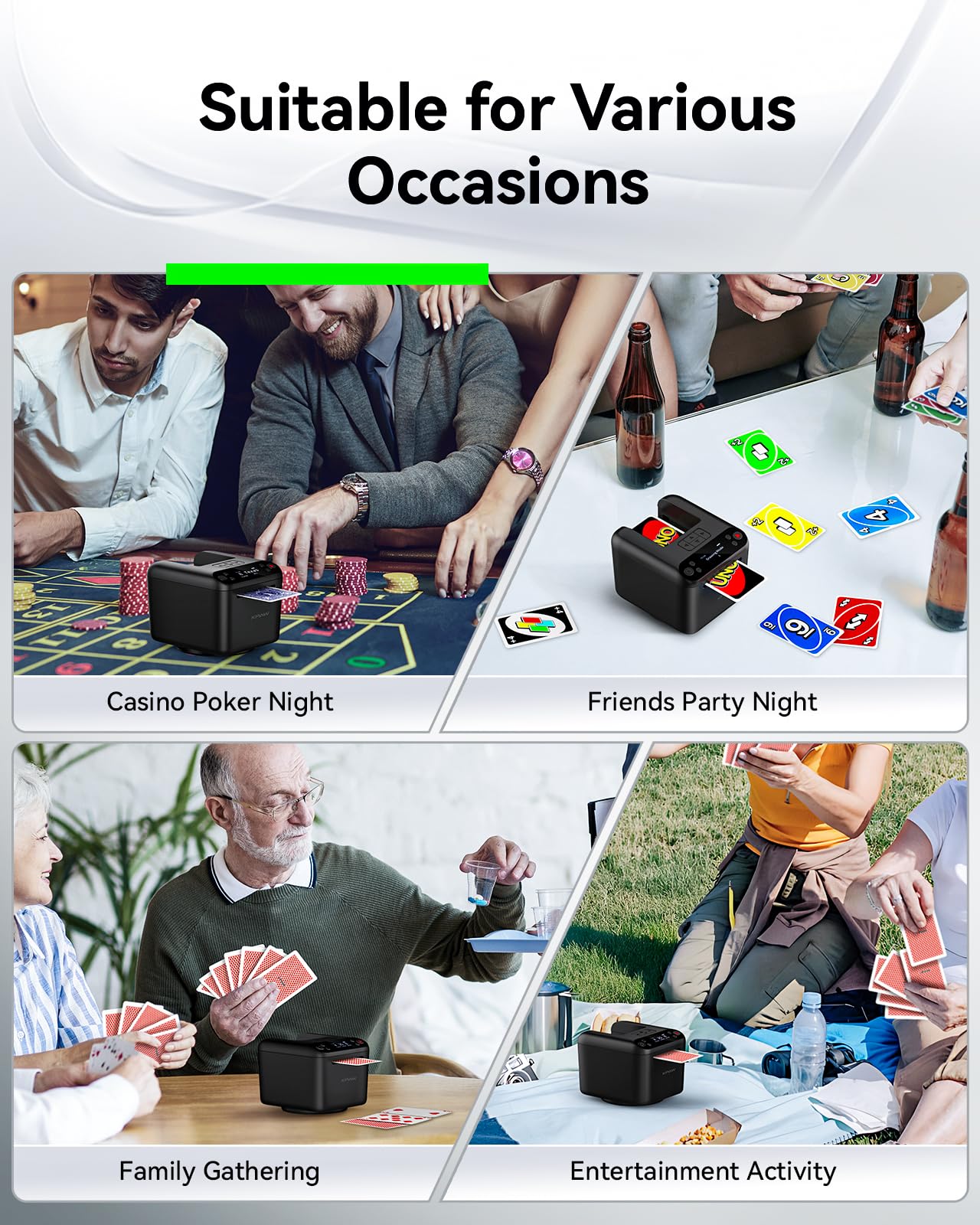 KPAW card dealer rotates clockwise and counterclockwise for smooth dealing.