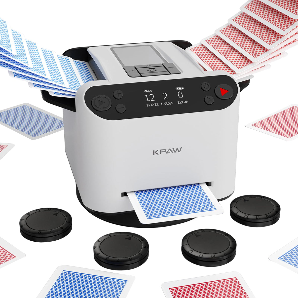 KPAW automatic card shuffler front view showing compact home-game design
