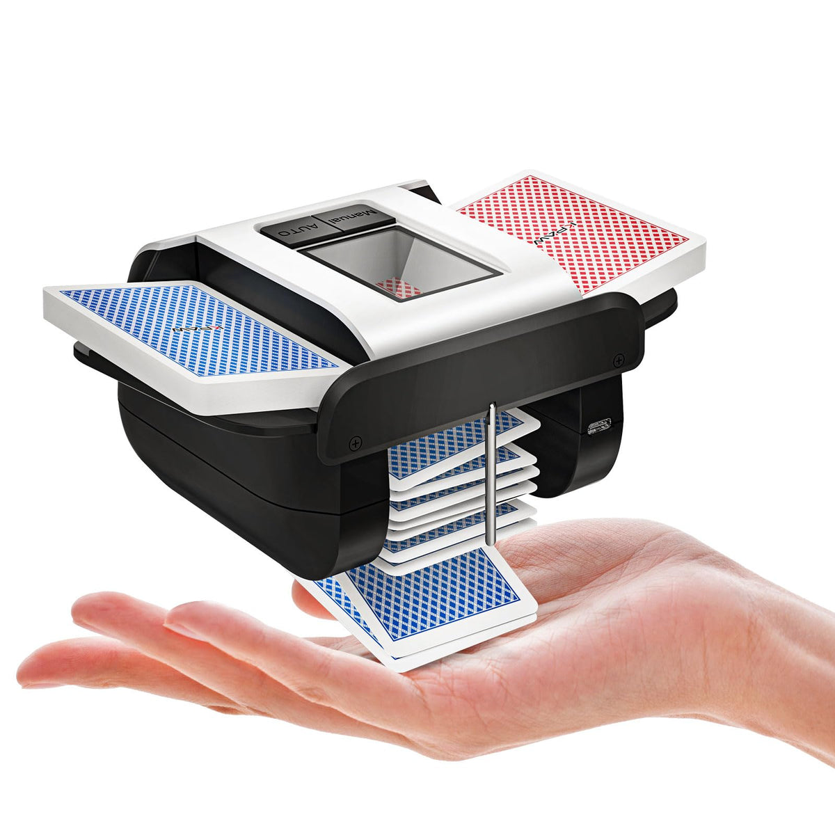 KPAW automatic card shuffler front view, compact design for quick setup during games.
