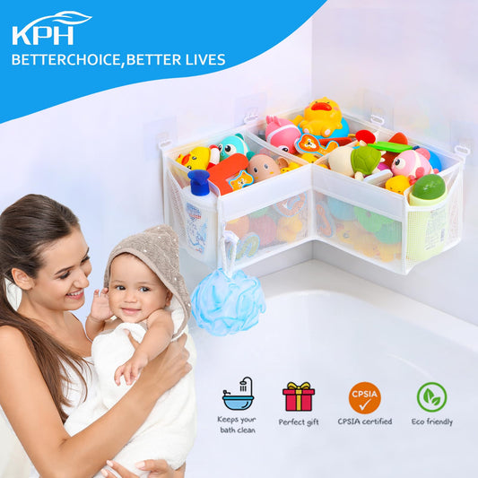 KPH Corner Bath Toy Organizer with three compartments helps sort by size.