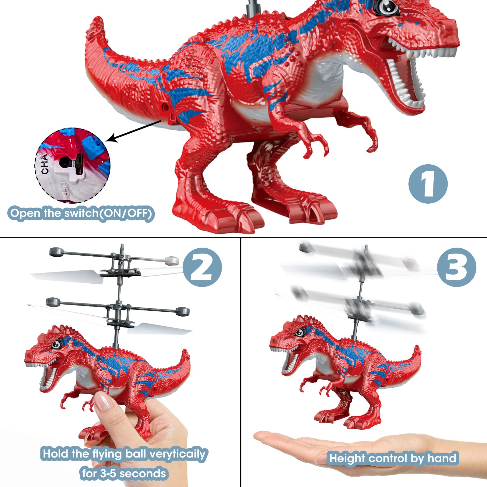KPPIT Dinosaur Flying Ball USB charging port for quick recharge.