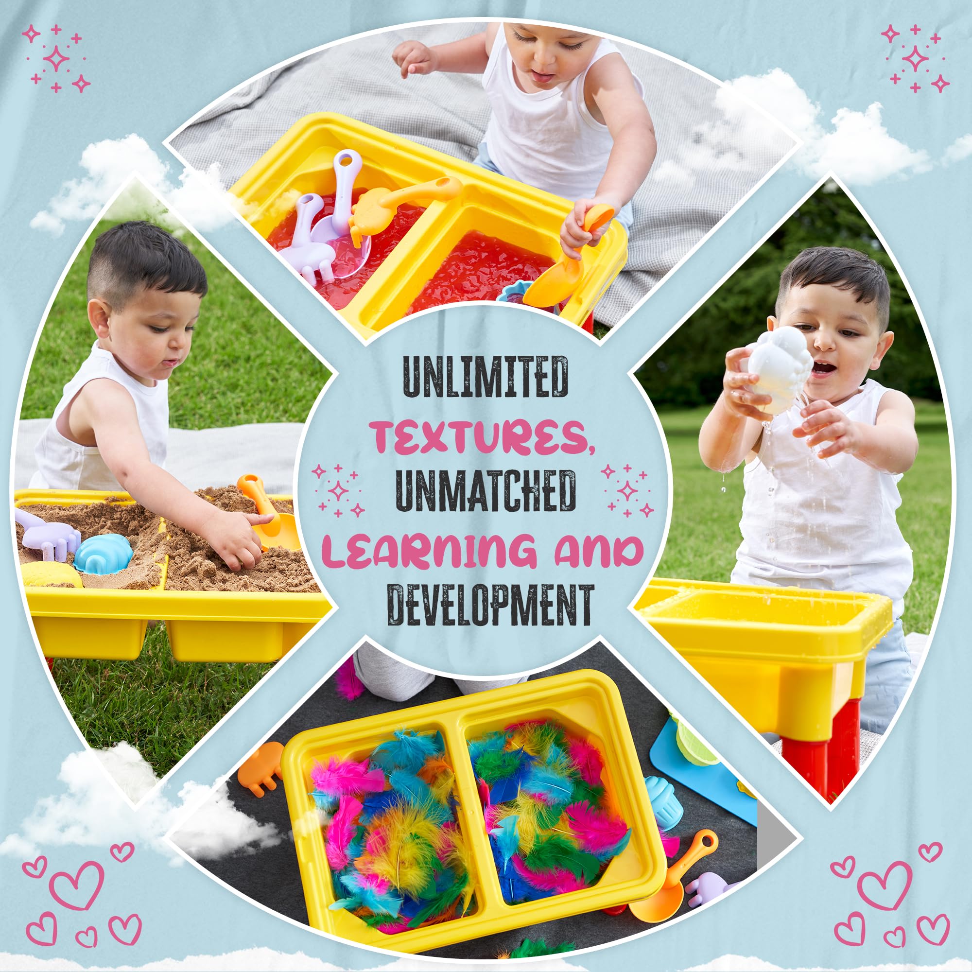 Kraftex sensory table with internal storage keeps legs and accessories neatly organized.