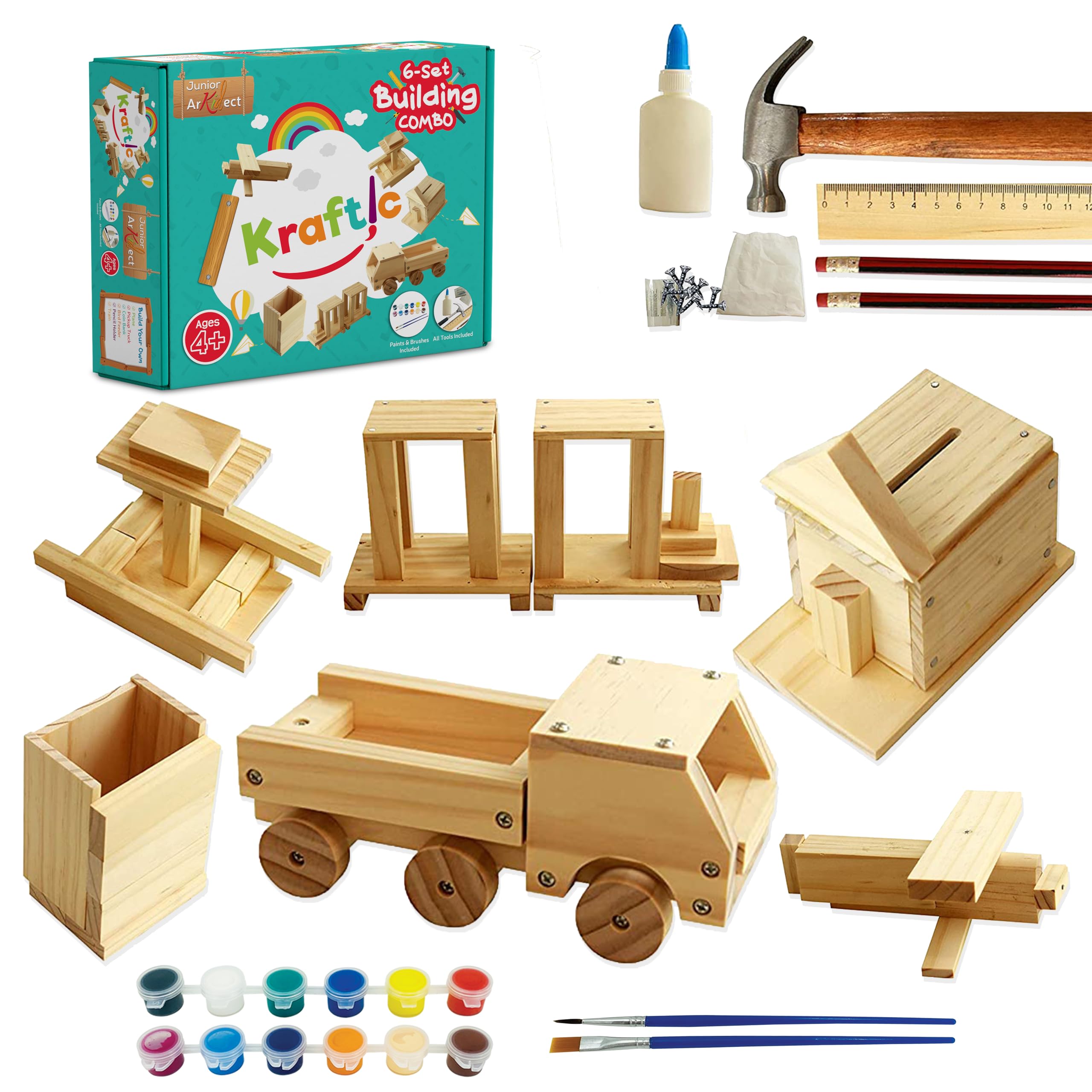 Kraftic Woodworking Kit contents organize wood pieces and tools for creative play.