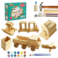 Kraftic Woodworking Kit contents organize wood pieces and tools for creative play.