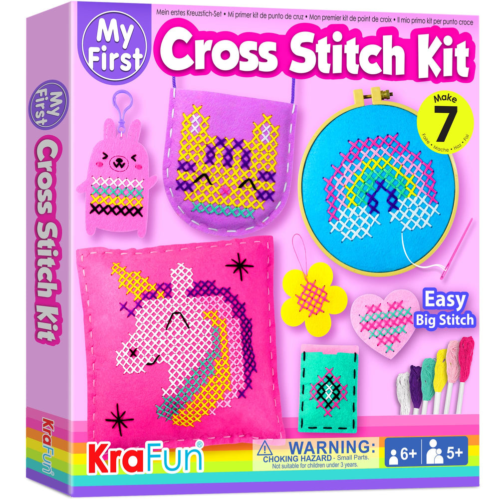 KRAFUN cross stitch kit box setup highlights organized materials for safe beginner crafting.
