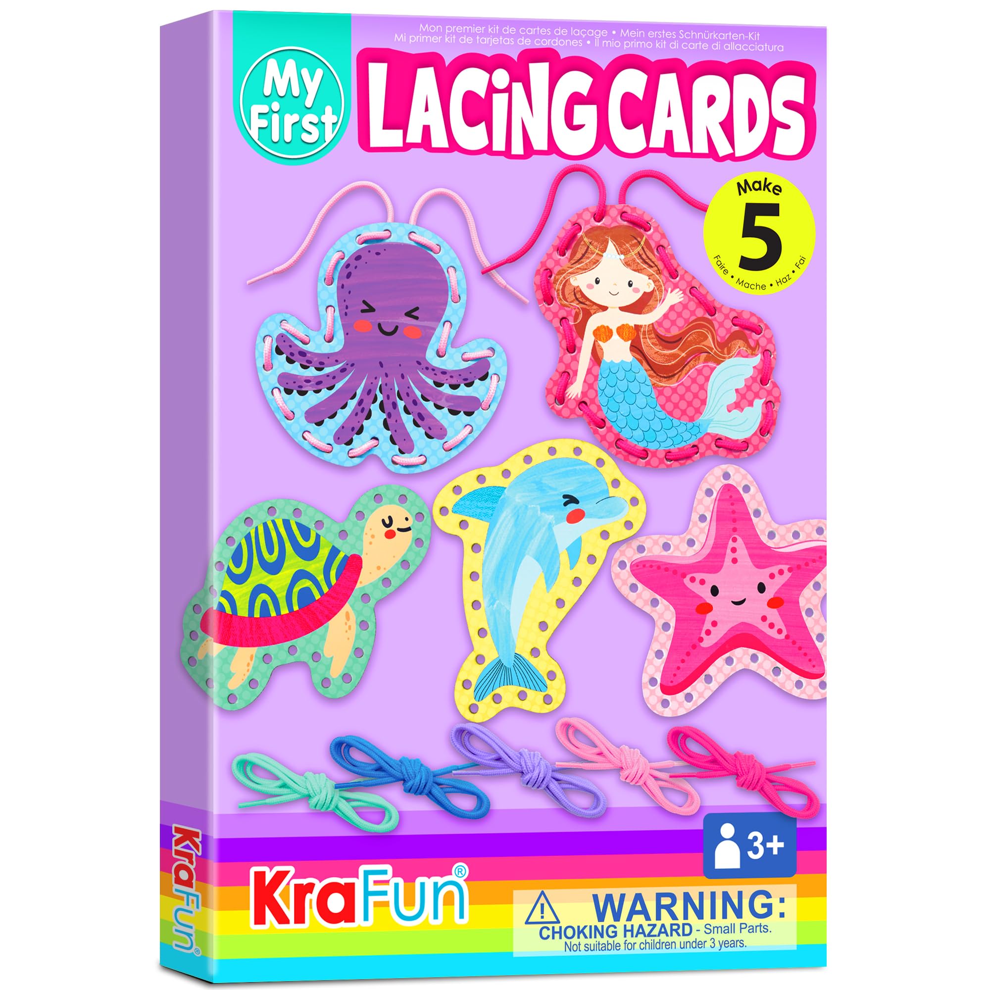 KRAFUN beginner mermaid lacing card kit box shows a complete, kid-friendly project set.