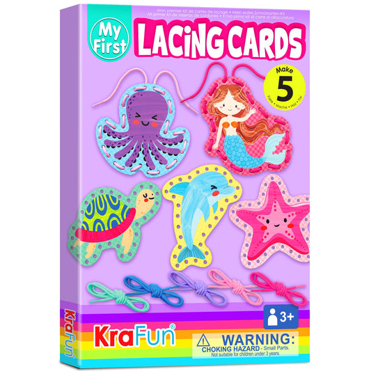 KRAFUN beginner mermaid lacing card kit box shows a complete, kid-friendly project set.