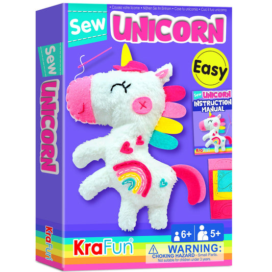 KRAFUN Beginner Unicorn Sewing Kit box contents organized for easy crafting.