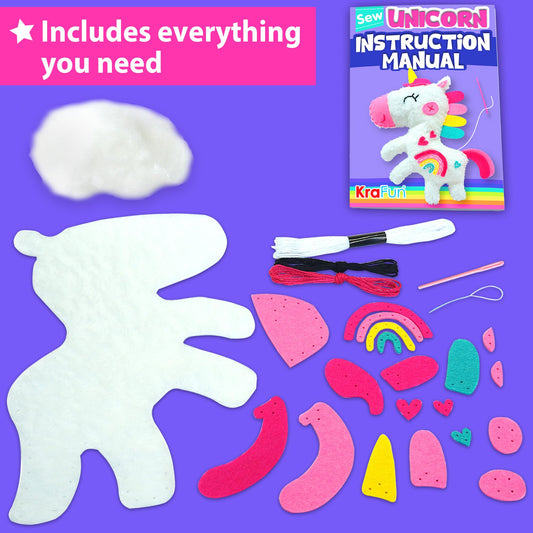 KRAFUN Unicorn Sewing Kit doll assembly with kid friendly steps.