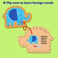 Back of KRAFUN lacing cards displays foreign language vocabulary for playful learning.