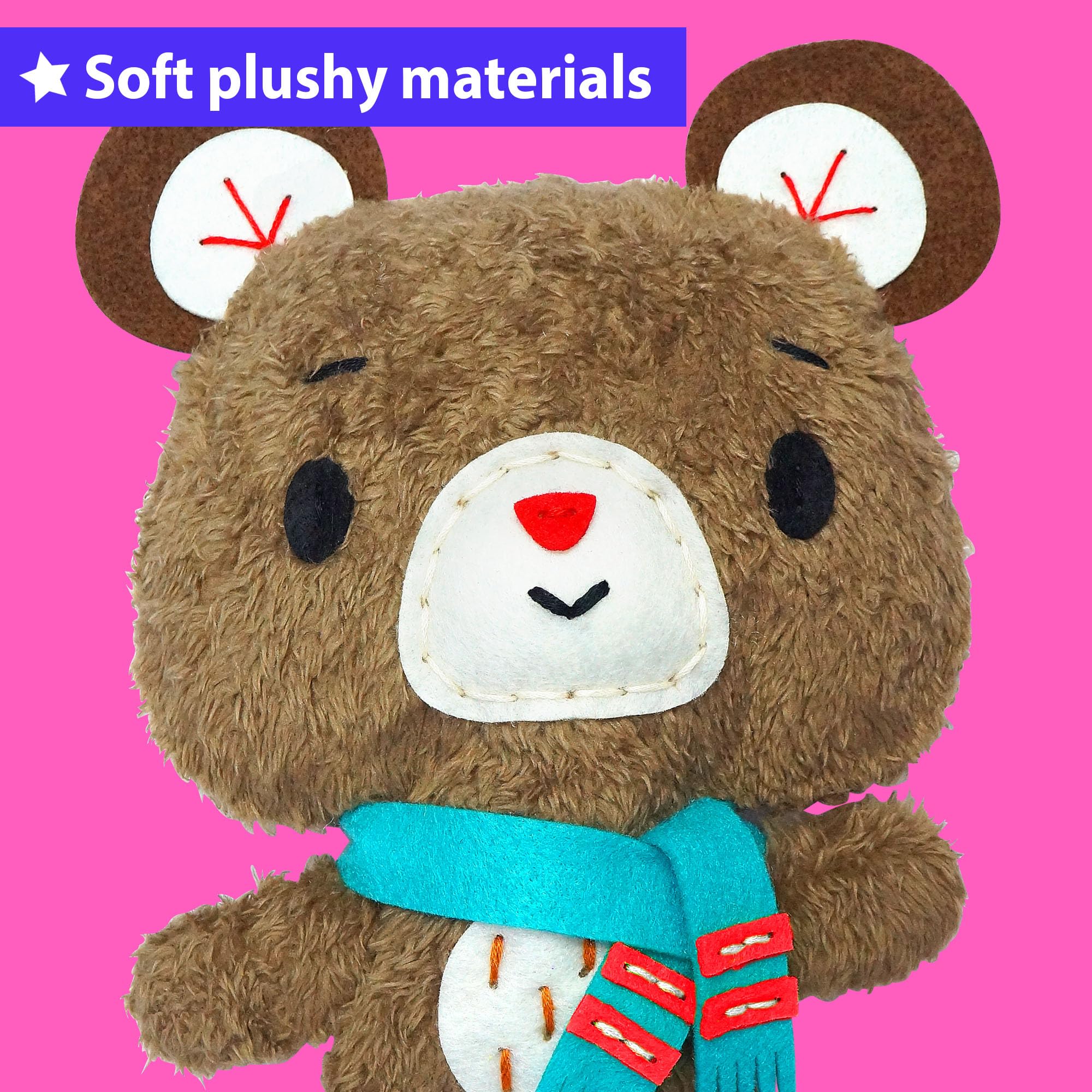 KRAFUN kids sewing teddy bear in progress, a fun learning activity.