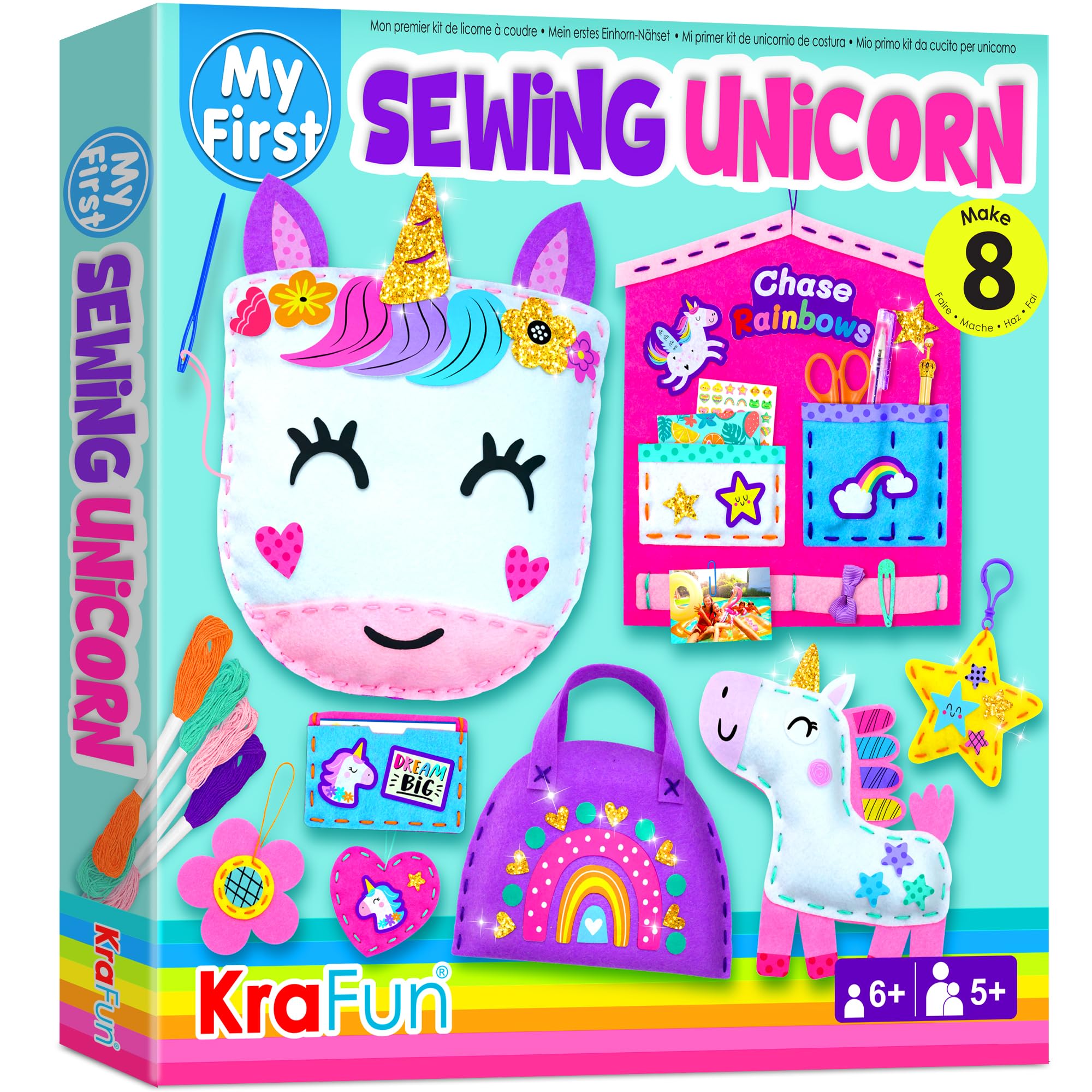 KRAFUN My First Unicorn kit box close-up showing organized beginner sewing materials.