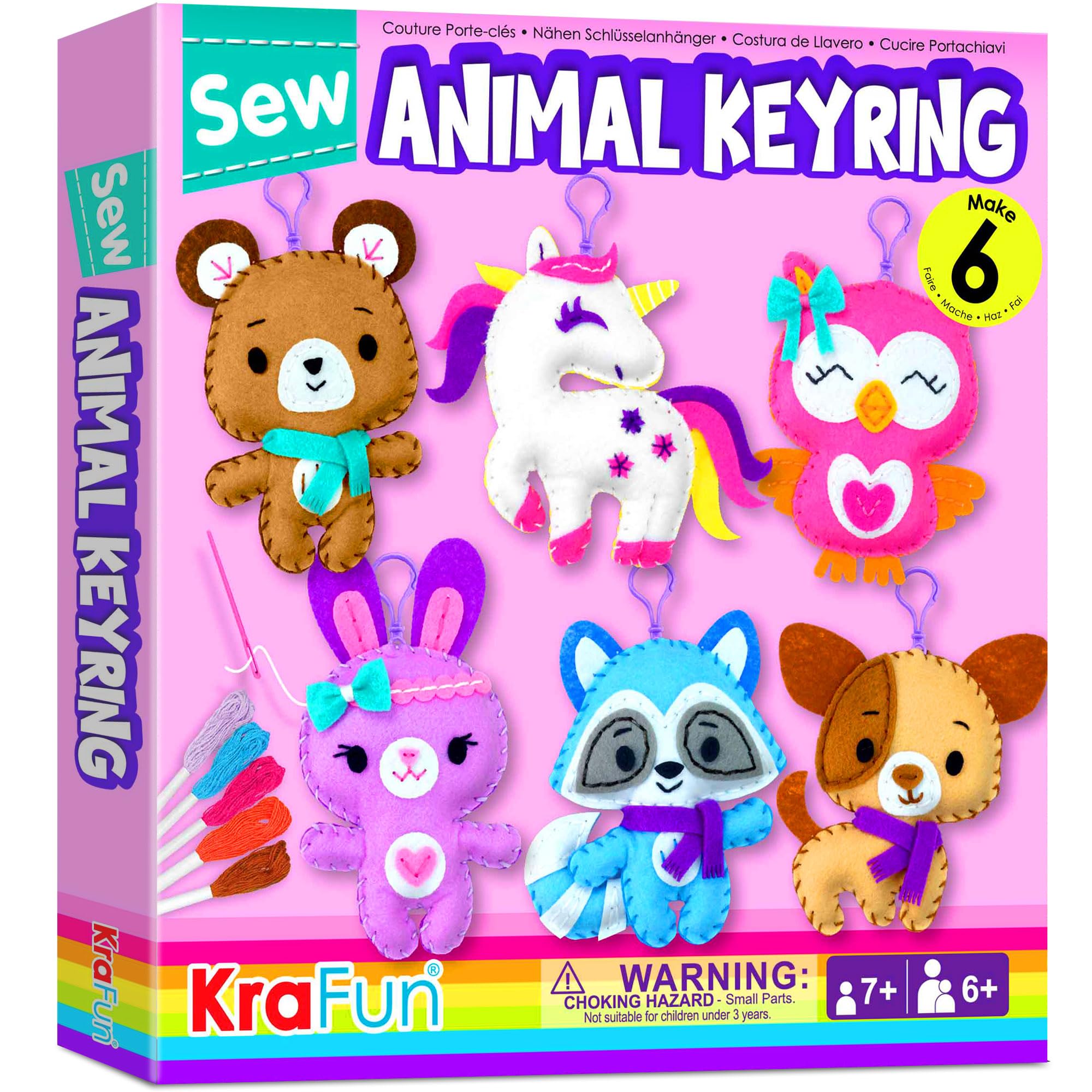 KRAFUN unicorn sewing keyring kit box displaying organized materials for beginner crafting