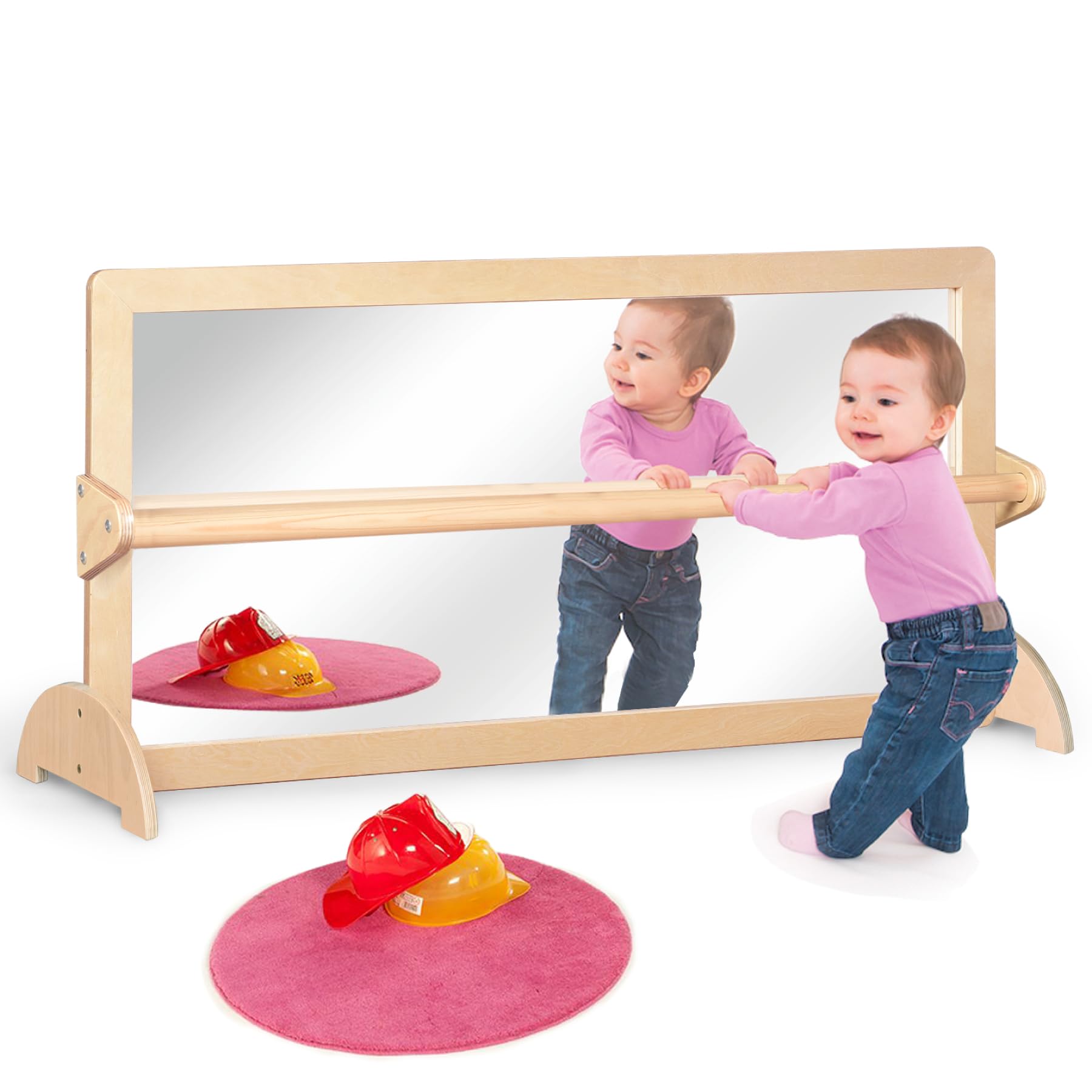 KRAND 3-Position Montessori wood frame pull-up bar with mirror supports toddler coordination.