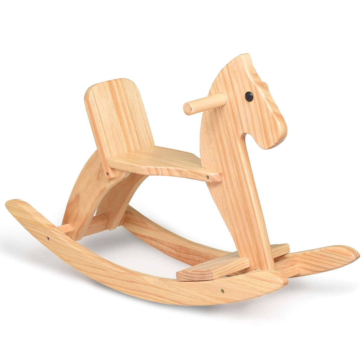 KRAND rocking horse side view highlights natural pine wood finish for durable, timeless play