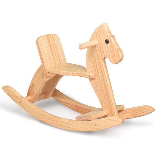 KRAND rocking horse side view highlights natural pine wood finish for durable, timeless play