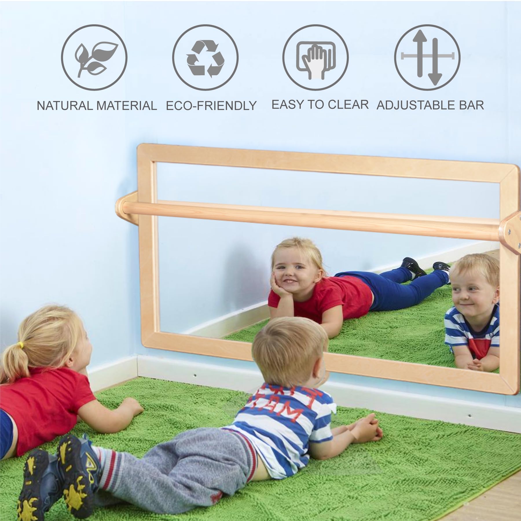 KRAND wall-mount mirror with pull-up bar for standing practice.