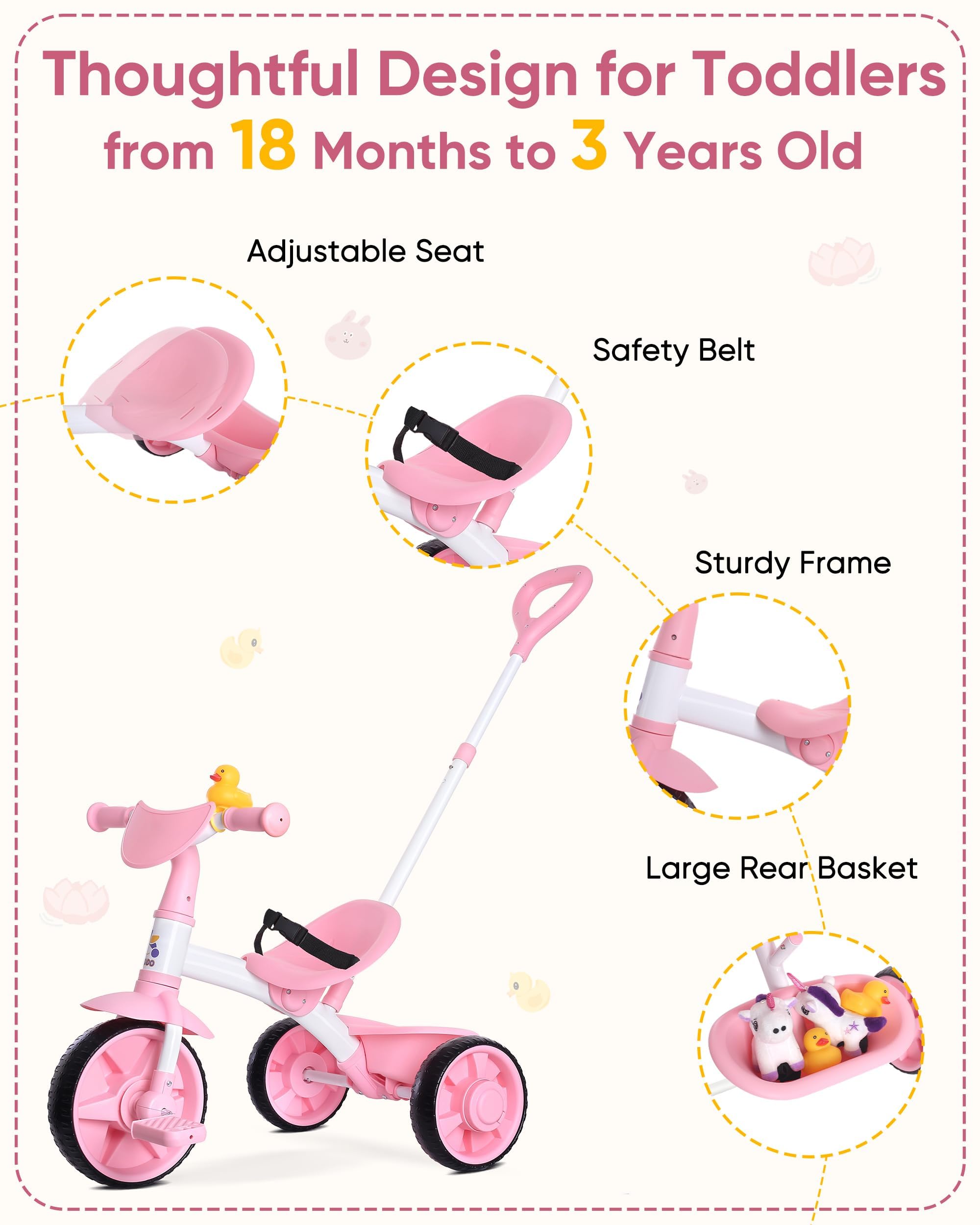 KRIDDO 2-in-1 kids tricycle pink adjustable push handle for parent guidance.