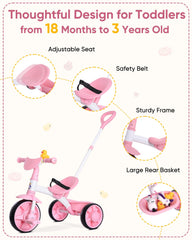KRIDDO 2-in-1 kids tricycle pink adjustable push handle for parent guidance.