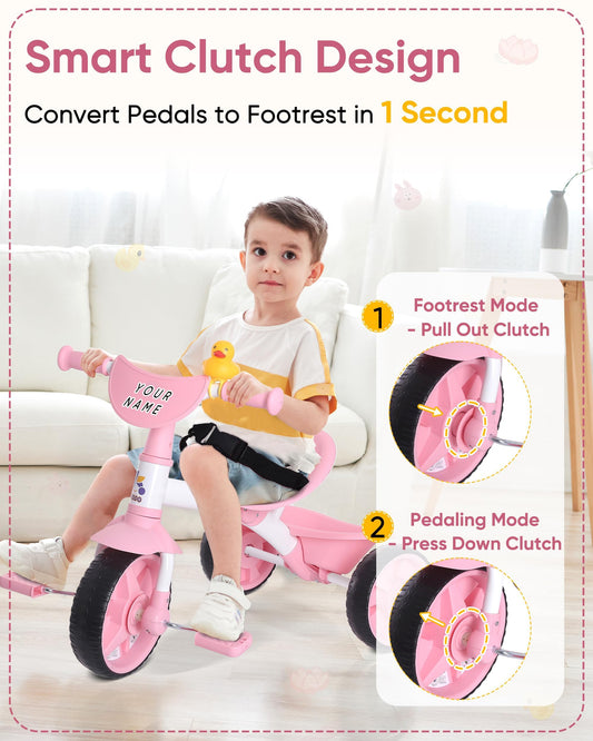 KRIDDO 2-in-1 kids tricycle pink back storage bucket for small toys.