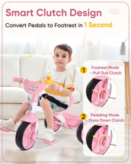 KRIDDO 2-in-1 kids tricycle pink back storage bucket for small toys.