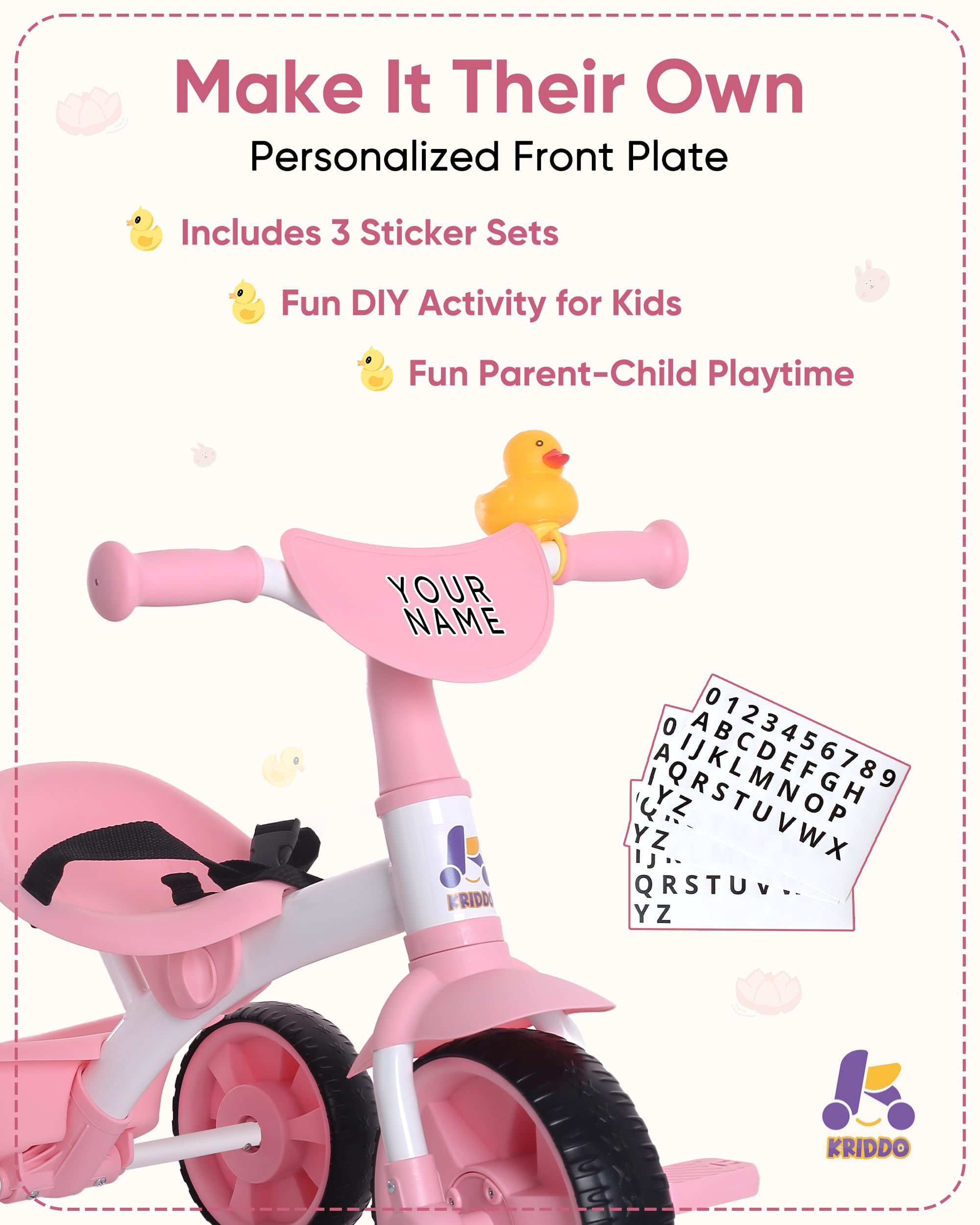 KRIDDO 2-in-1 kids tricycle pink soft rubber duck bell adds playful sounds.