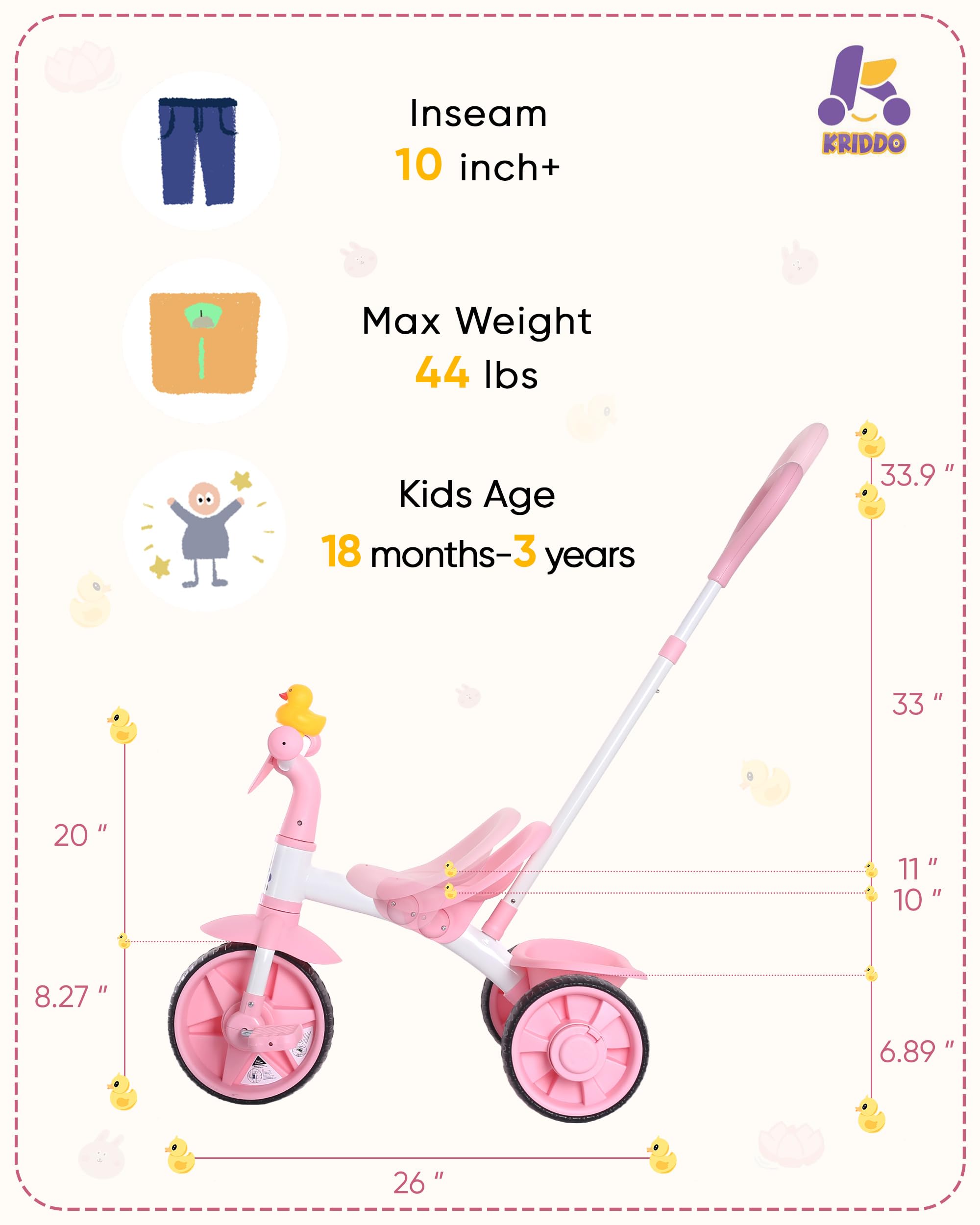KRIDDO 2-in-1 kids tricycle pink EVA wheels deliver smooth stability.
