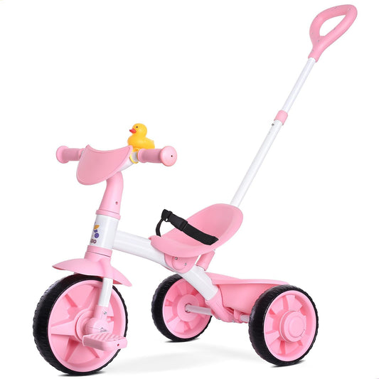 KRIDDO 2-in-1 kids tricycle pink front view, guided rides with a parent.