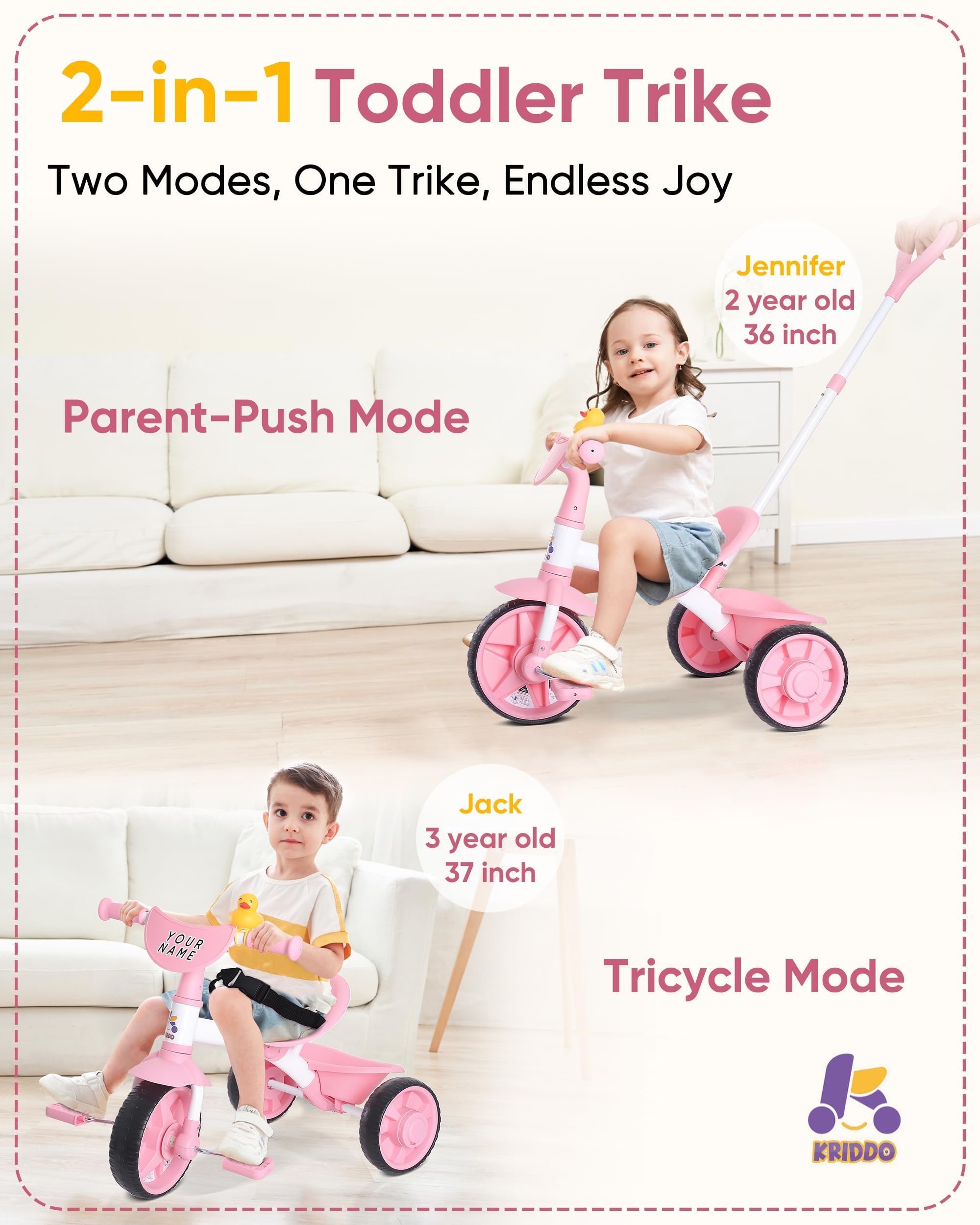 KRIDDO 2-in-1 kids tricycle pink unhookable pedals enable smooth pushing.