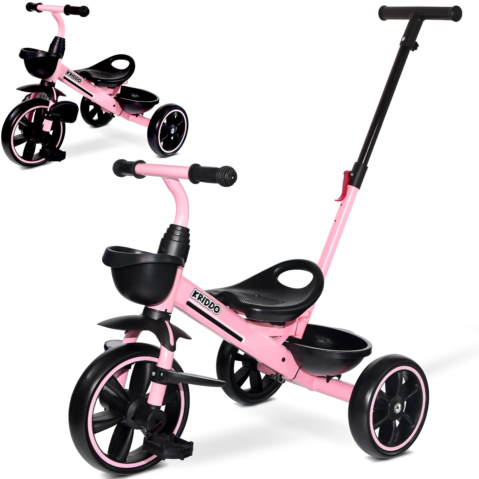 KRIDDO 2-in-1 toddler tricycle with extended push handle for easy parent-led outings