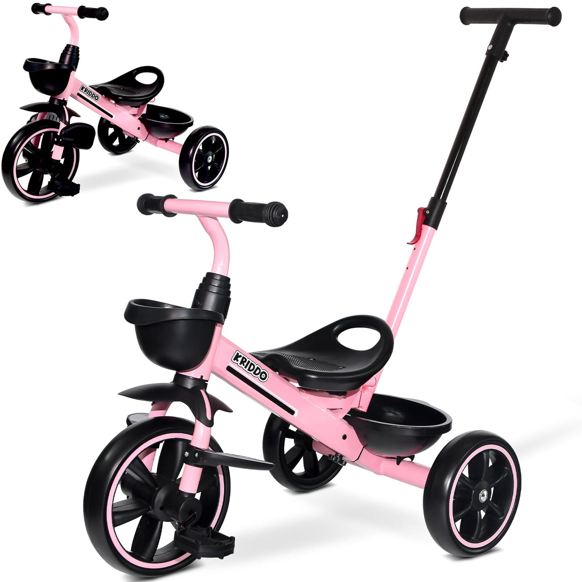 KRIDDO 2-in-1 toddler tricycle with extended push handle for easy parent-led outings