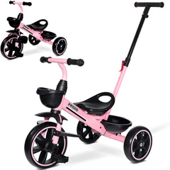 KRIDDO 2-in-1 toddler tricycle with extended push handle for easy parent-led outings