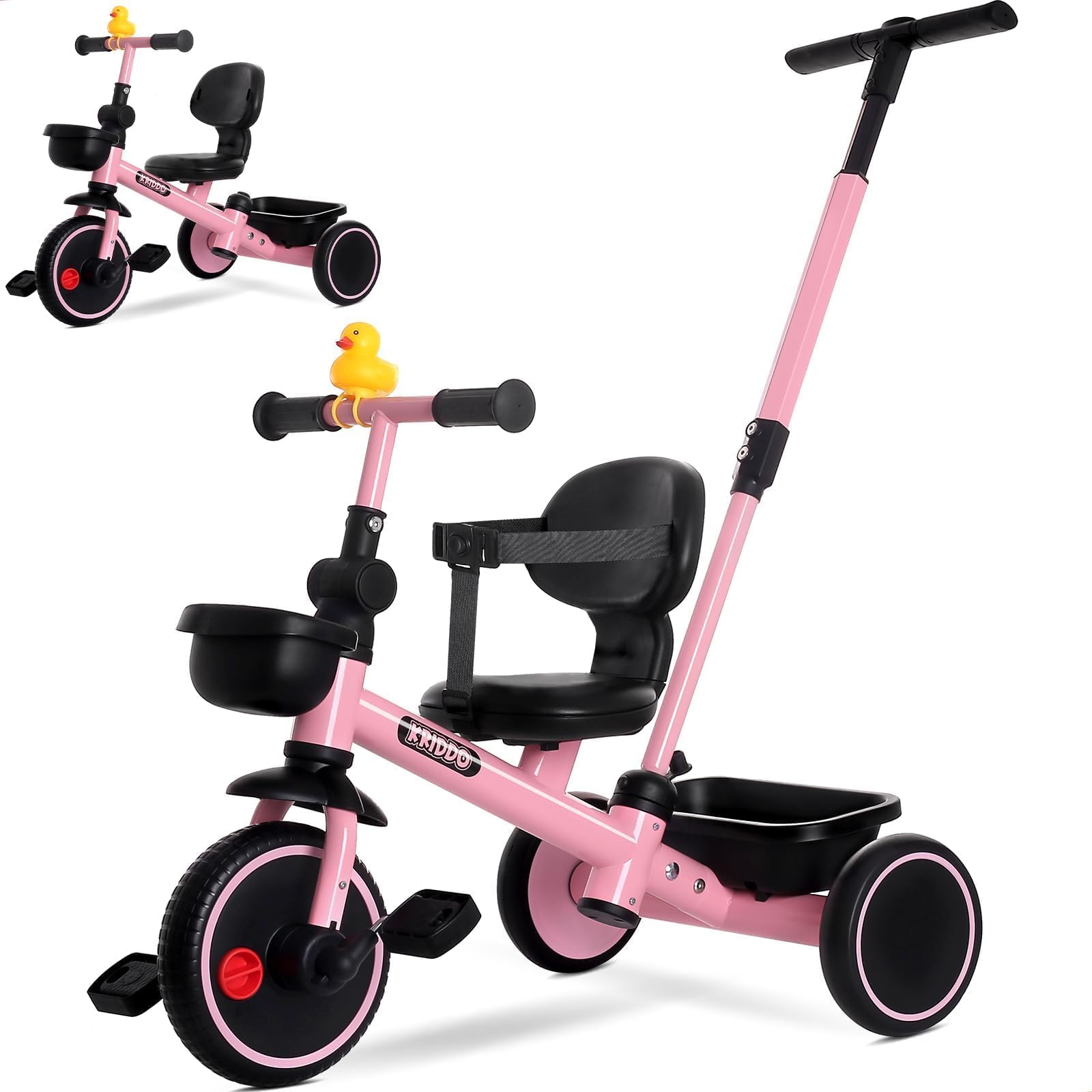 KRIDDO 2-in-1 toddler tricycle front view pink with detachable push handle for guided rides