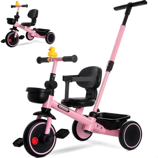 KRIDDO 2-in-1 toddler tricycle front view pink with detachable push handle for guided rides