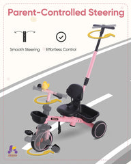 KRIDDO 2-in-1 toddler tricycle adjustable handlebar pink supports growing riders