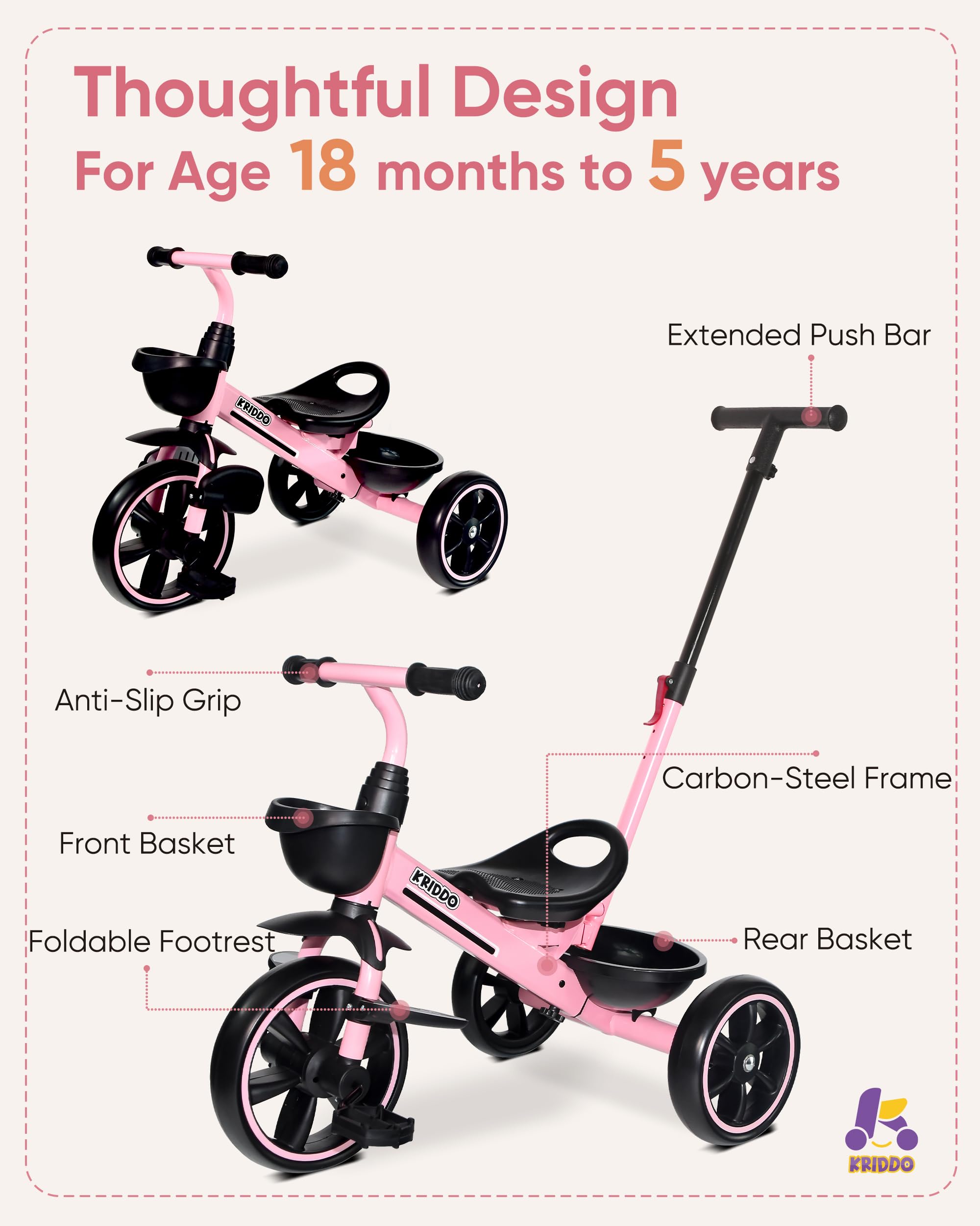 KRIDDO 2-in-1 toddler tricycle ideal for indoor and outdoor adventures