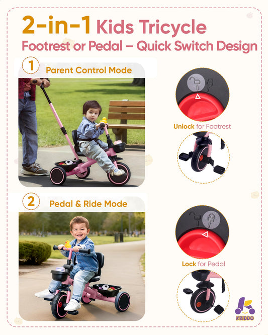 KRIDDO 2-in-1 toddler tricycle rear basket pink for toys and snacks
