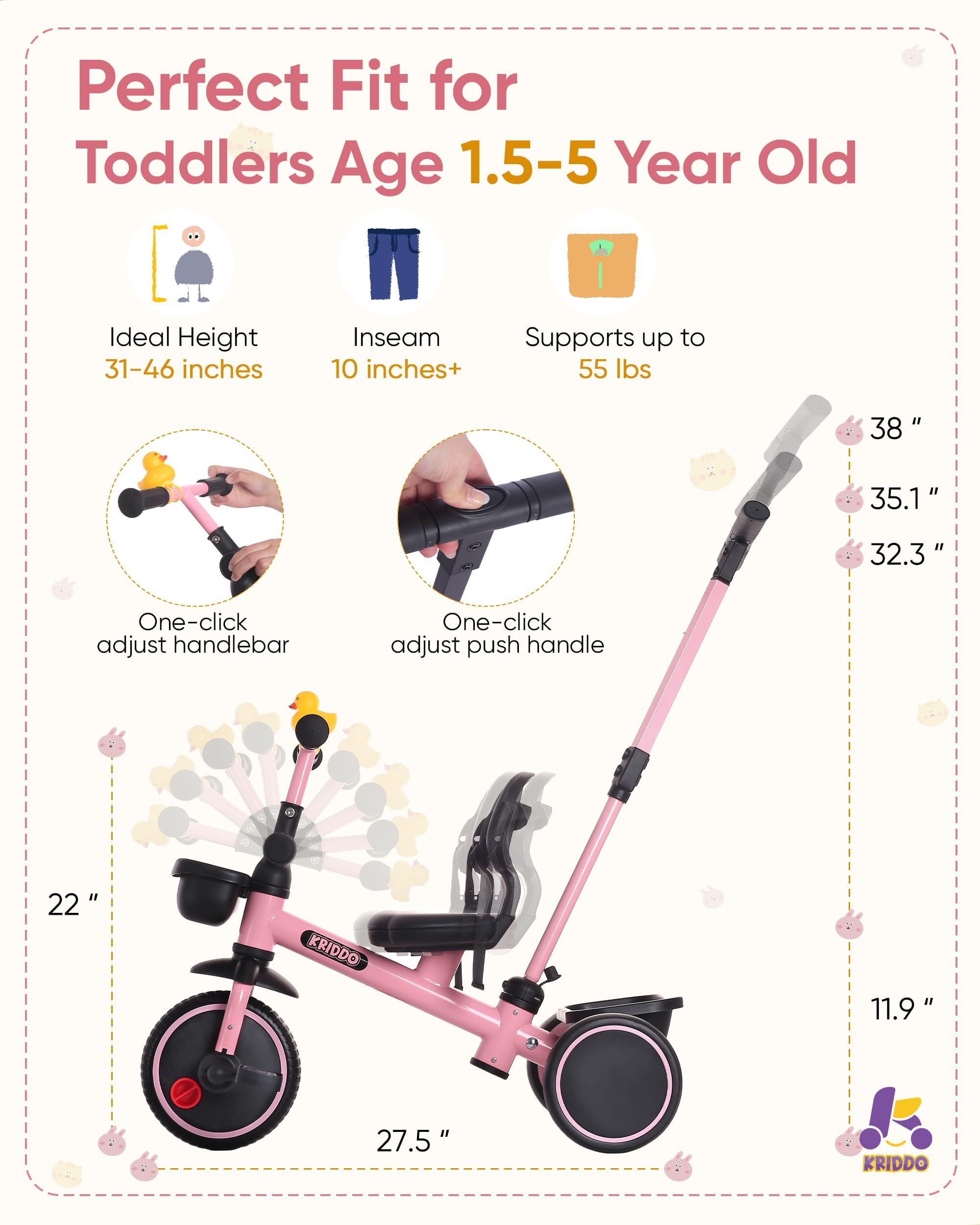 KRIDDO 2-in-1 toddler tricycle side view pink showcases overall design and storage