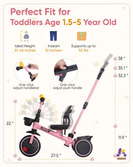 KRIDDO 2-in-1 toddler tricycle side view pink showcases overall design and storage
