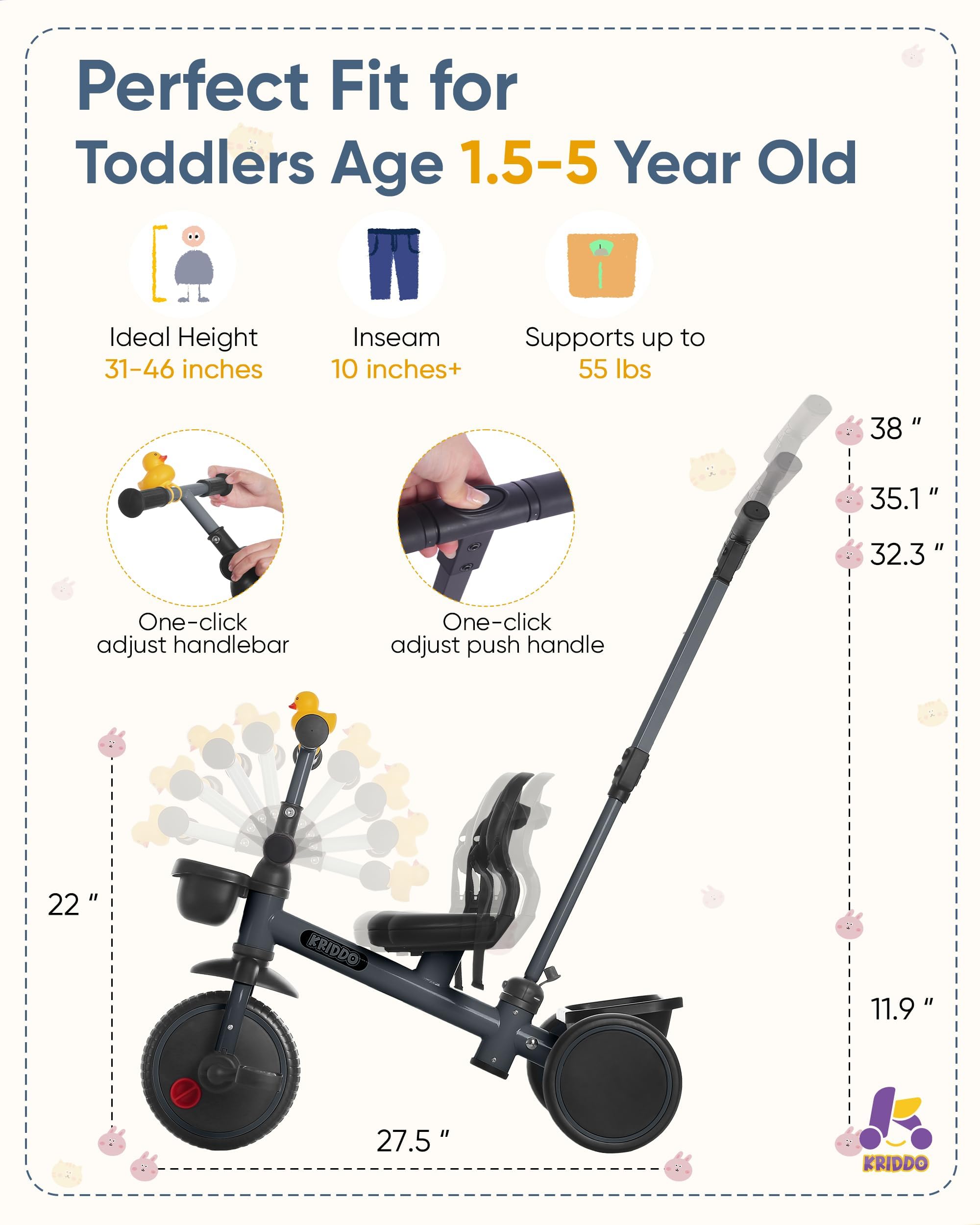 KRIDDO detachable backrest and soft cushions boost kid comfort