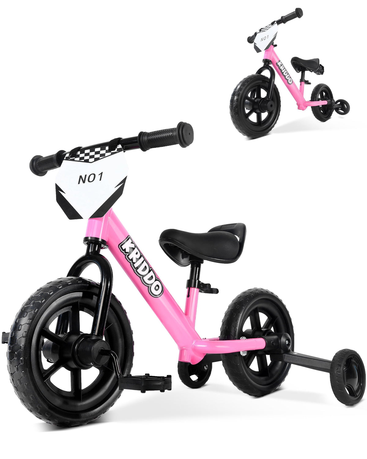 KRIDDO 2-in-1 trike and balance bike in pink, kid-friendly ride transition.