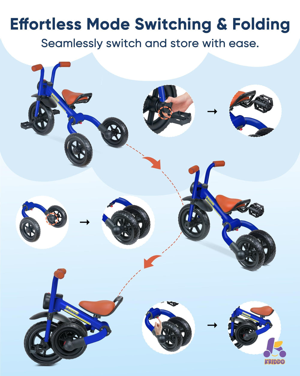 KRIDDO blue 2-in-1 bike offers versatile modes for play and practice.