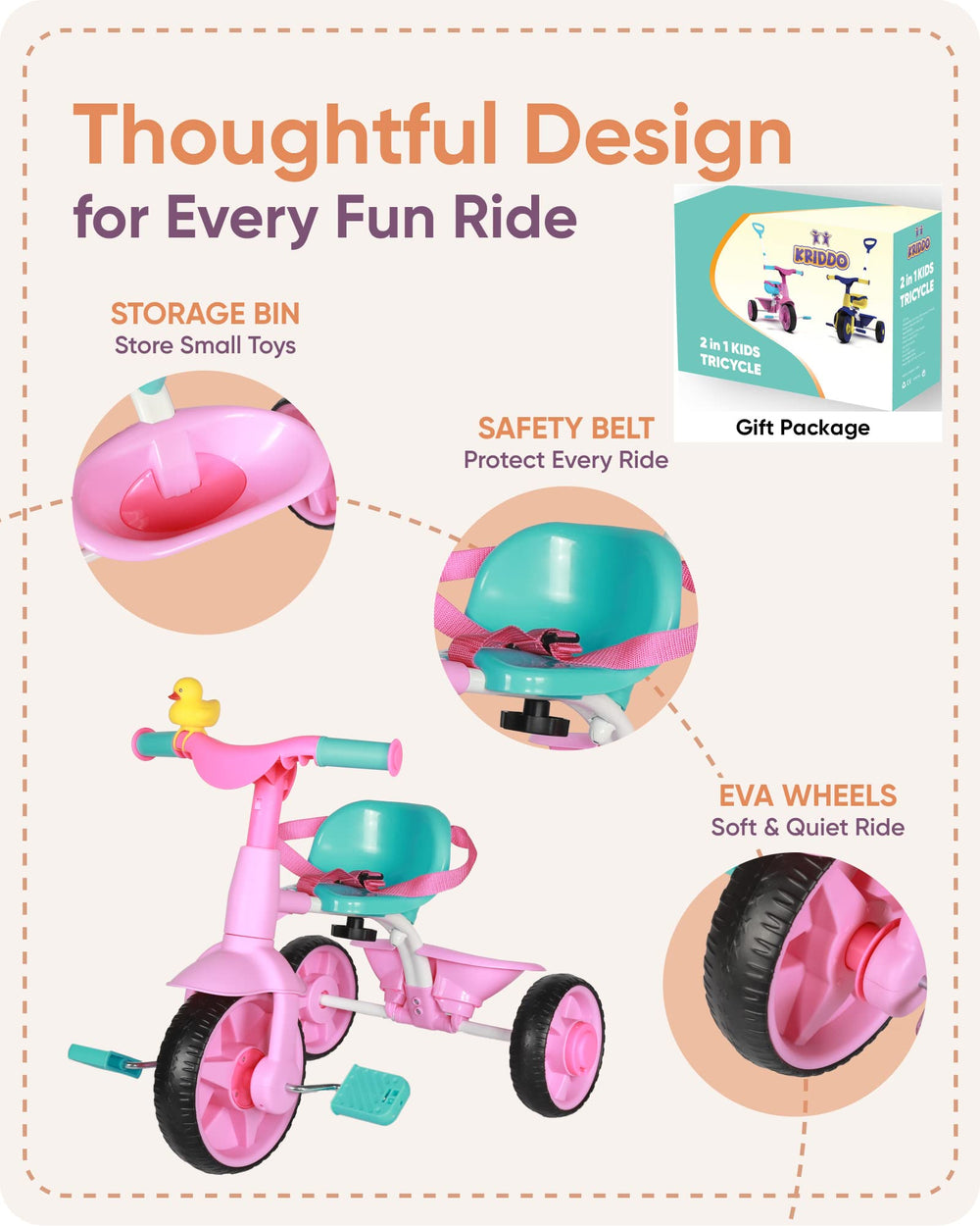 KRIDDO EVA wheels deliver a quiet, smooth ride on sidewalks