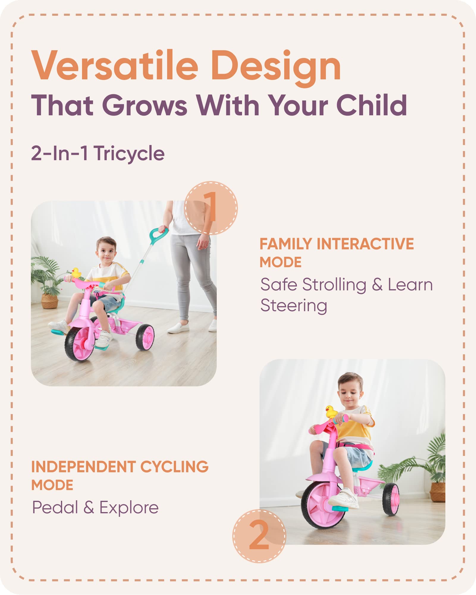 KRIDDO pink tricycle includes a storage bucket for toys on adventures