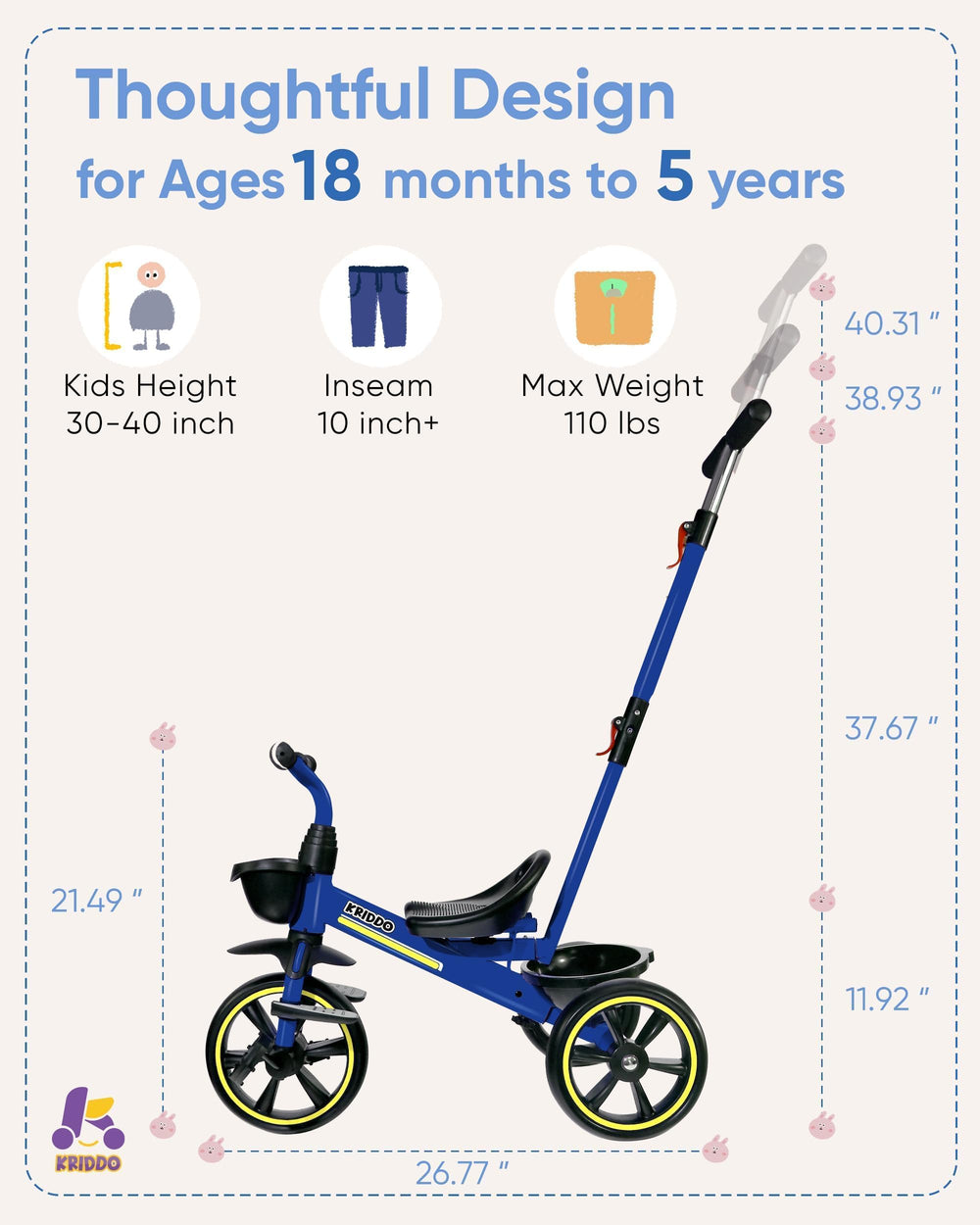 KRIDDO 2-in-1 toddler tricycle suitable for indoor and outdoor adventures.