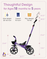 KRIDDO 2-in-1 toddler tricycle suitable for ages 18 months to 5 years.