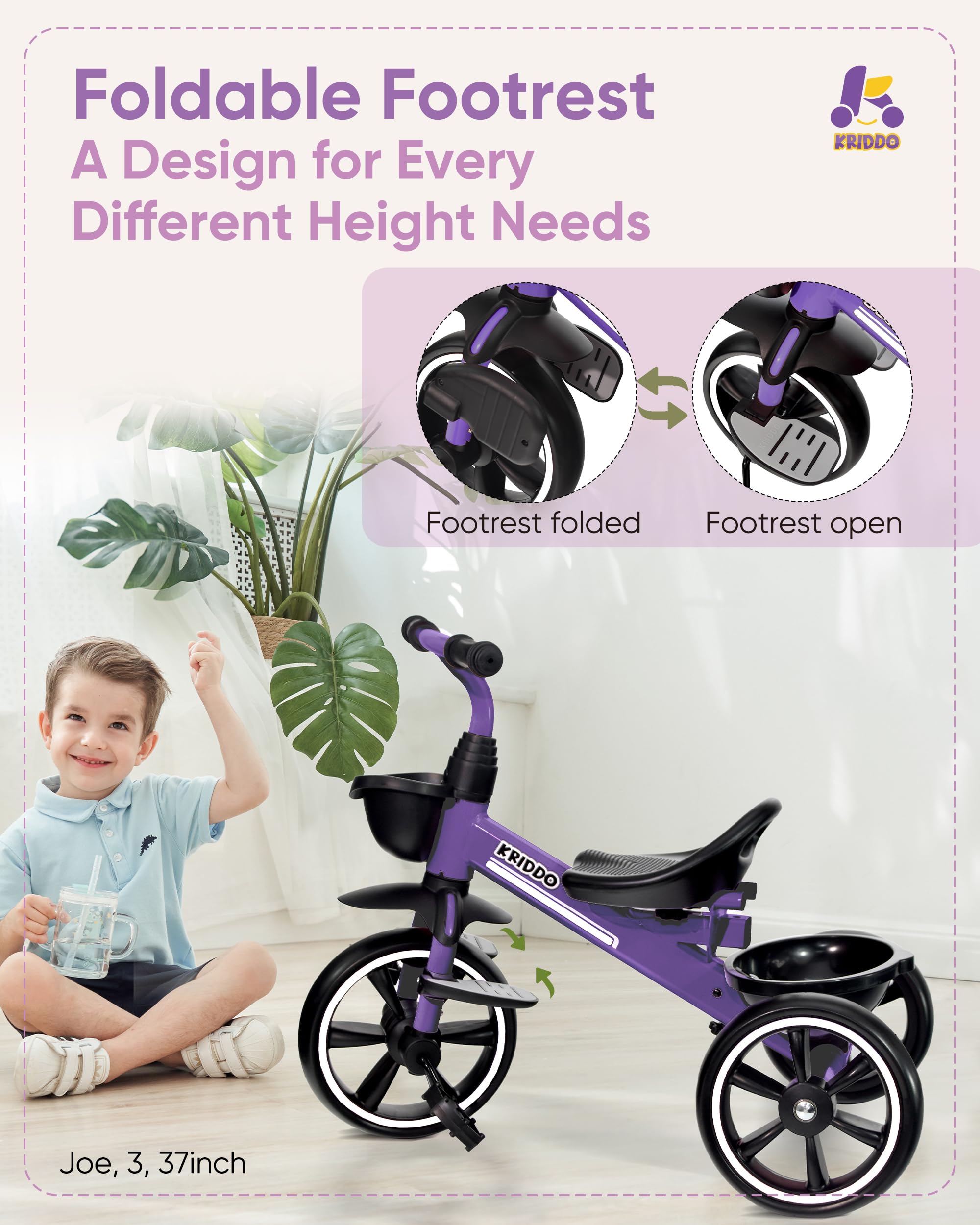 KRIDDO 2-in-1 tricycle showing ergonomic seat and non-slip grips for comfort.