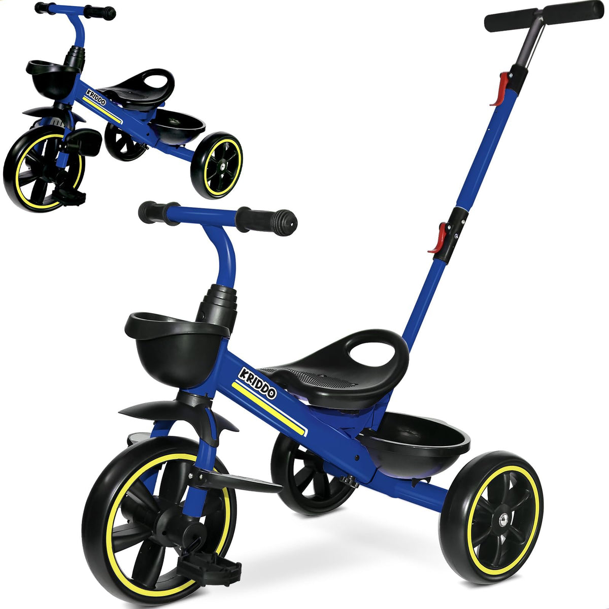KRIDDO 2-in-1 toddler tricycle with extended push handle for easy parent-assisted rides.
